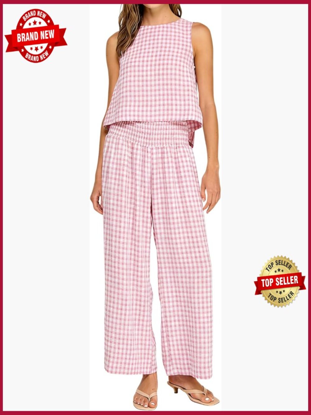 Plaid Gingham 2 Piece Set Sleeveless Crop Top Wide Leg Pants Matching Lounge Set